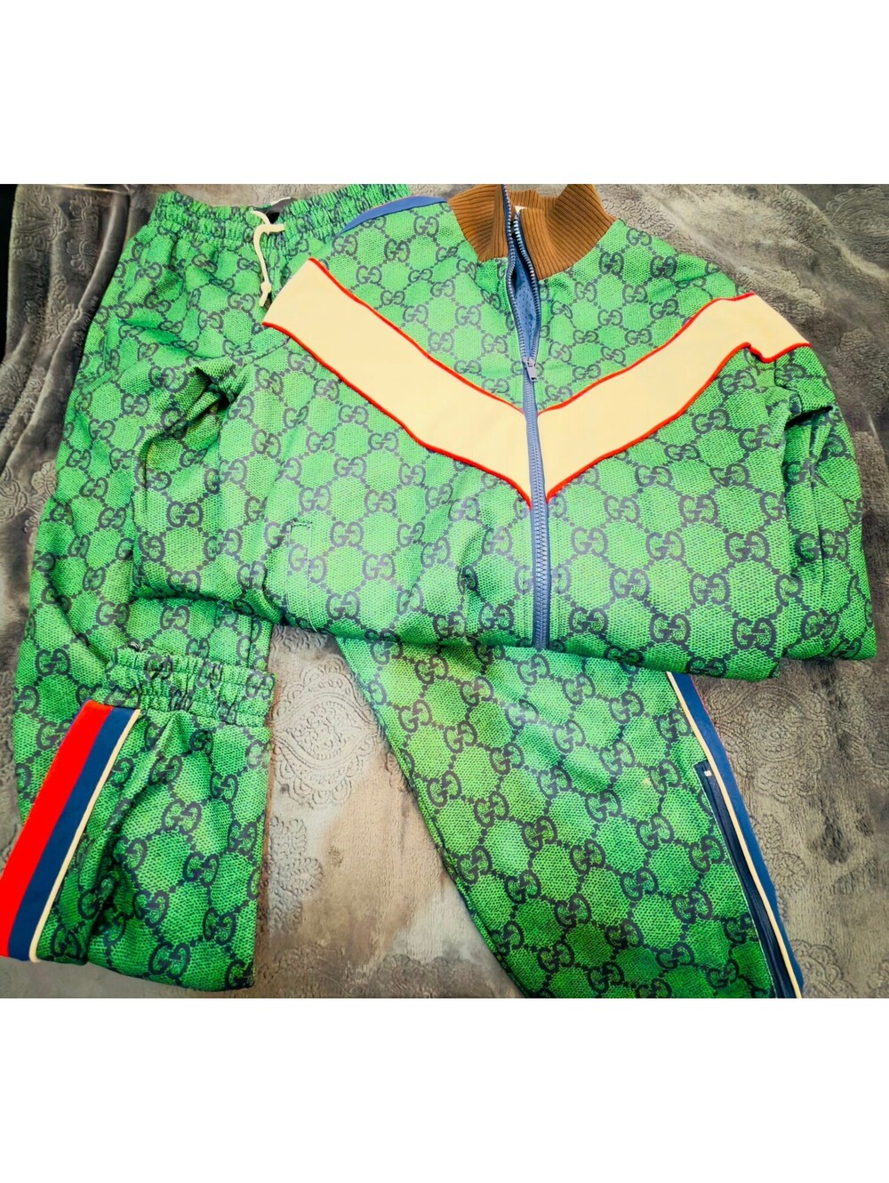 Gucci Green GG Logo Tracksuit with Red and Blue Stripe Acces